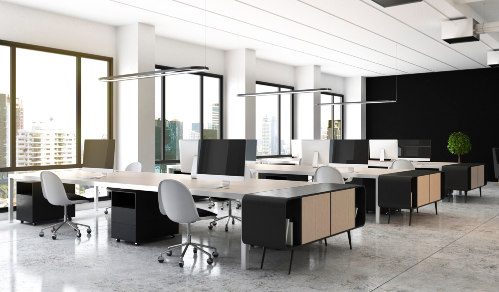 An open space office with a modern interior.