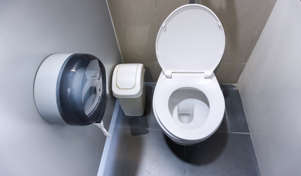 Toilet cubicle with toilet and sanitary bin in workplace washrooms. 