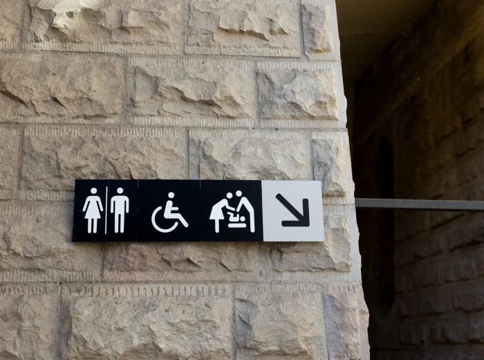A black and white sign on a textured stone wall indicate a baby changing station, with an arrow pointing down and to the right.