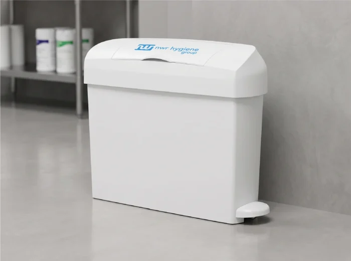 White NWR Hygiene Group sanitary bin in a cubicle.