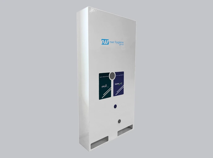 An NWR Hygiene washroom vending machine against a plain grey background.