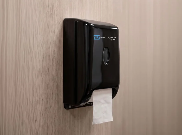 A small, single roll, NWR toilet paper dispenser.