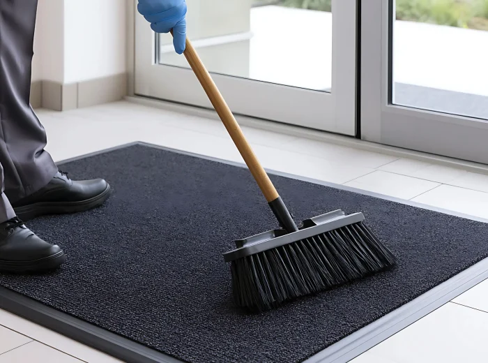 A person wearing blue gloves sweeping a dust control mat.