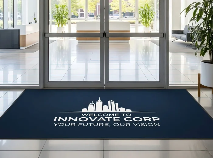 A blue dust control mat with a company logo on it.