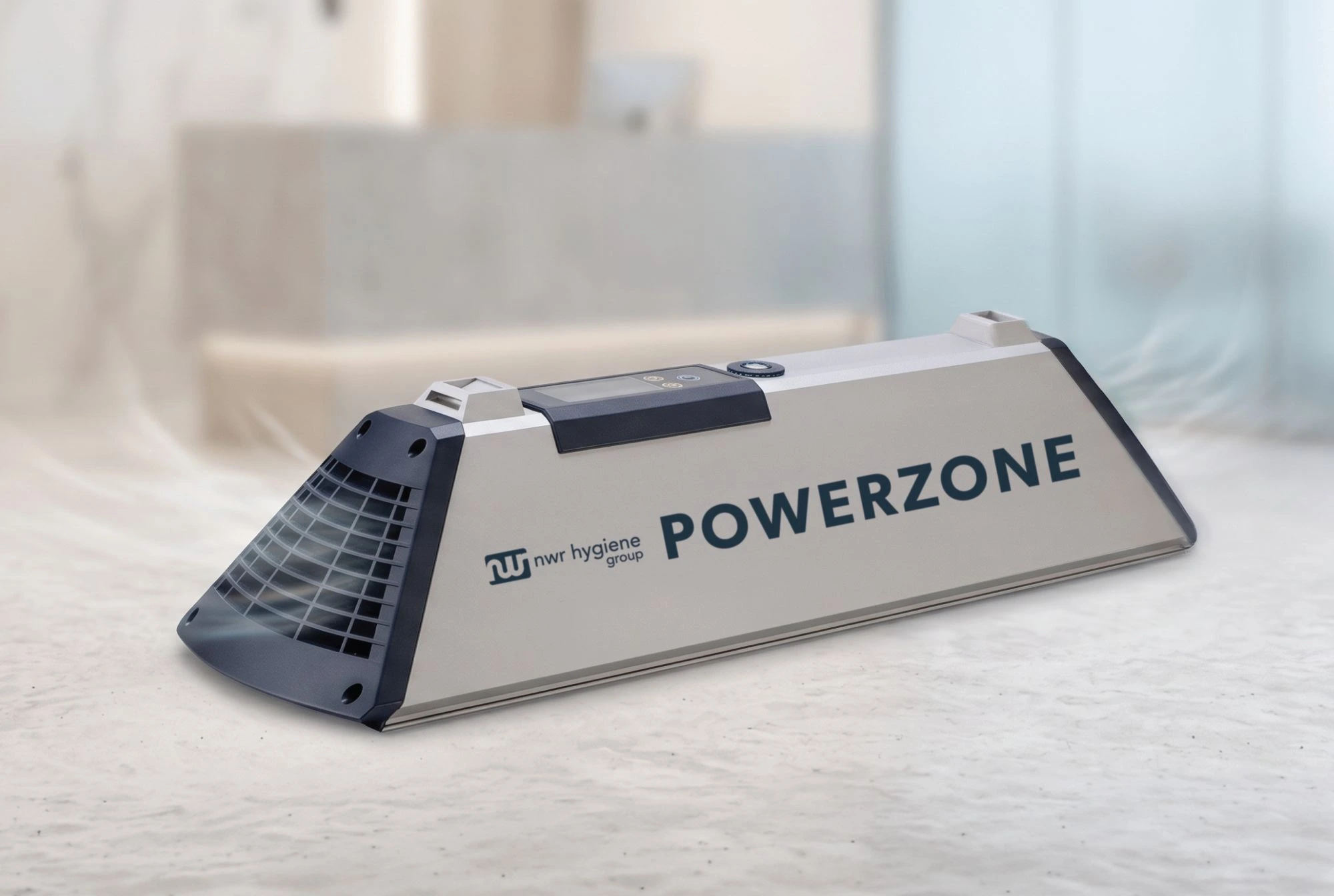Air purification system 2 NWR Hygiene's Powerzone air purification unit filtering air through it.
