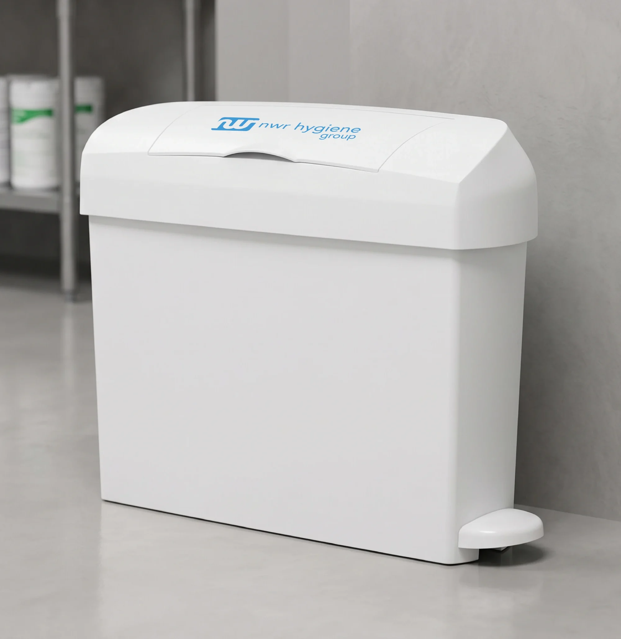 Air purification system 2 A white NWR Hygiene Incontinence waste bin in a toilet facility.